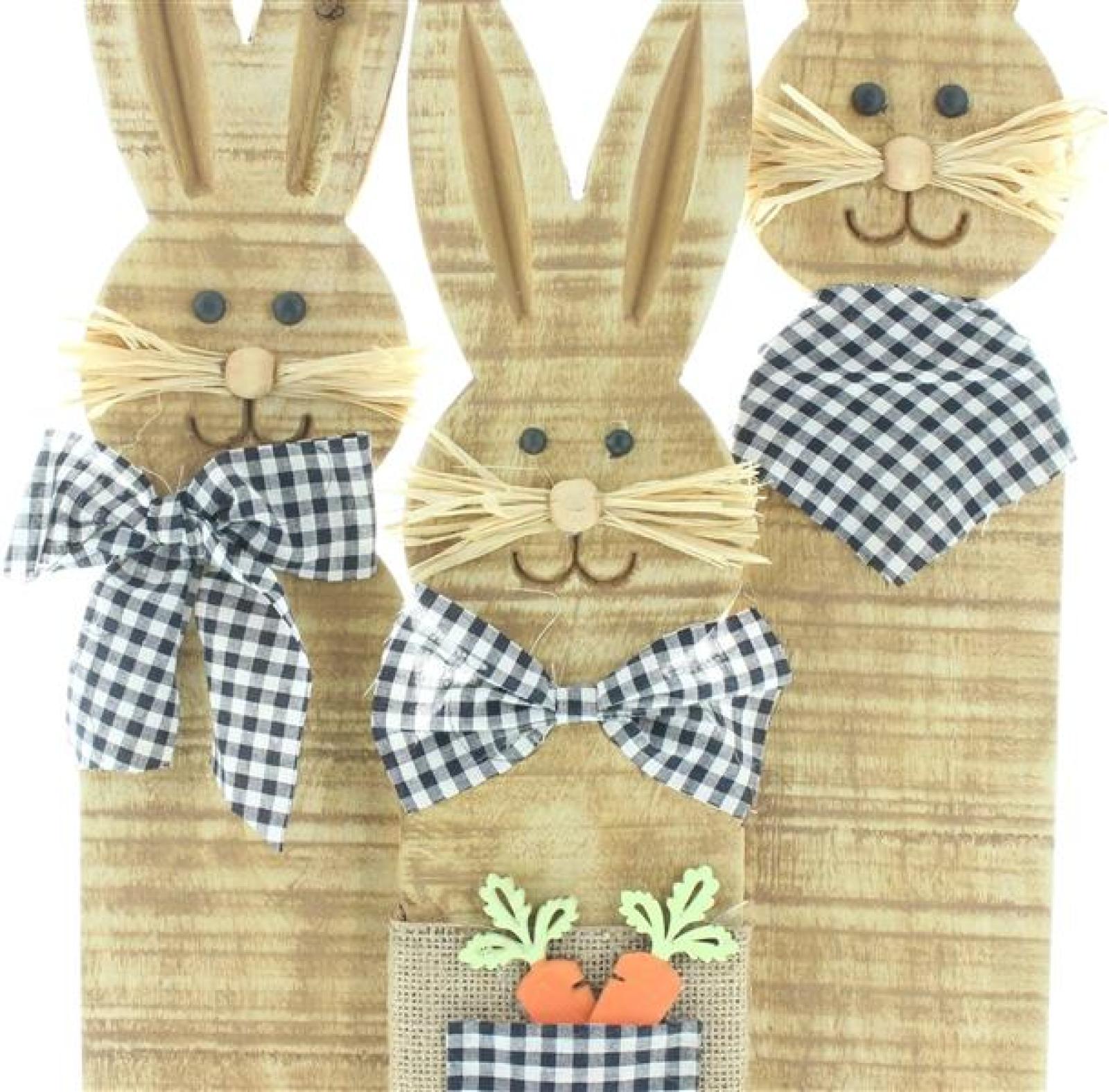 Osterdeko Hasentrio "Karo-Look" aus Holz, Shabby Optik, 58 cm hoch, Osterhasen, Dekofigur