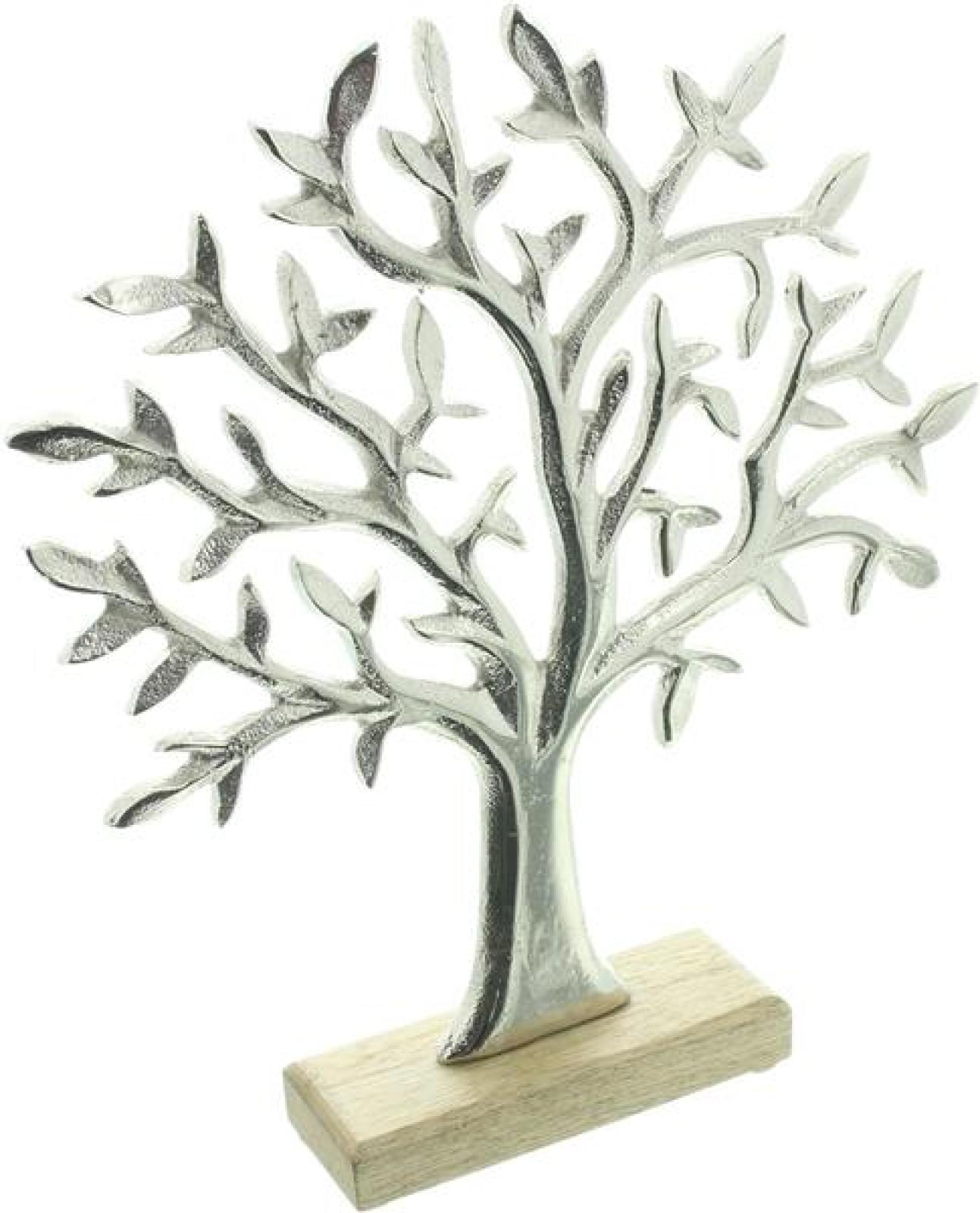 Baum "Silber" aus Aluminium & Mango Holz, Dekofigur, 31 cm hoch, Tischdeko, moderne Figur, Skulptur