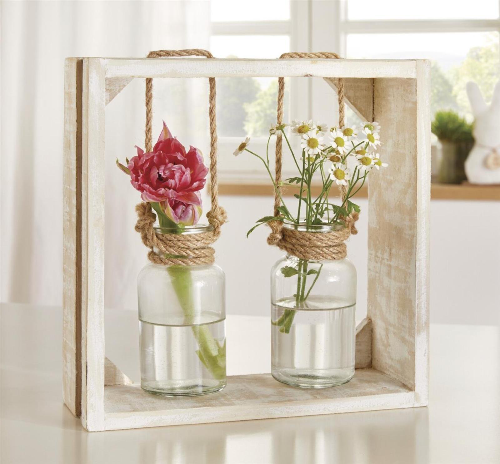 Holzrahmen "Väschen" mit 2 Glasvasen, Vasenhalter aus Holz mit Blumenvase in Flaschenform, Vase, Vasenset