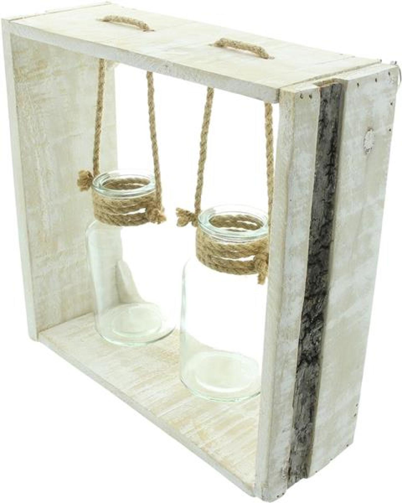 Holzrahmen "Väschen" mit 2 Glasvasen, Vasenhalter aus Holz mit Blumenvase in Flaschenform, Vase, Vasenset