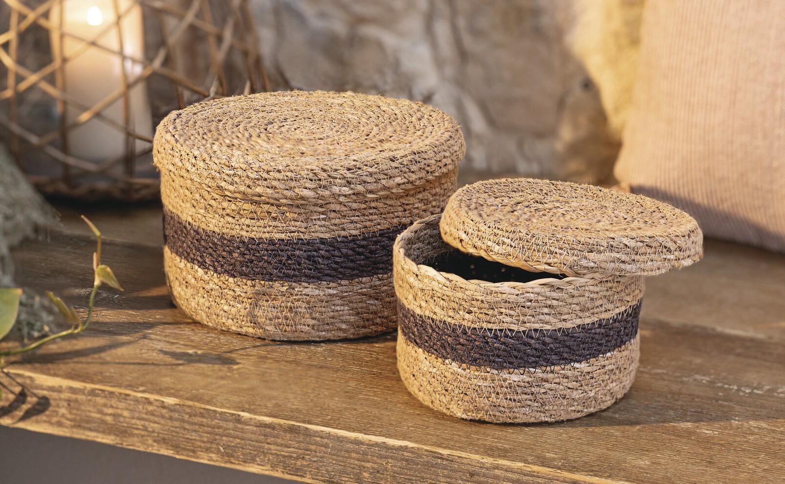 2x Füllkorb "Karima" aus Seegras, natur / braun, mit Deckel, Aufbewahrungskorb, Ordnungsbox