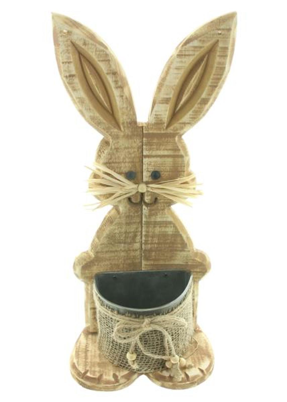 Dekofigur "Hase" aus Holz in Shabby Optik, mit Pflanztopf aus Metall, Osterdeko, Tischdeko, Osterhase, Holzdeko