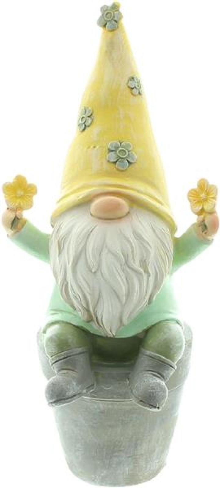 Dekofigur Wichtel "Blümchen" aus Polyresin, gelb / grün, Frühlingsdeko, Gartenzwerg, Gartendeko für Draußen
