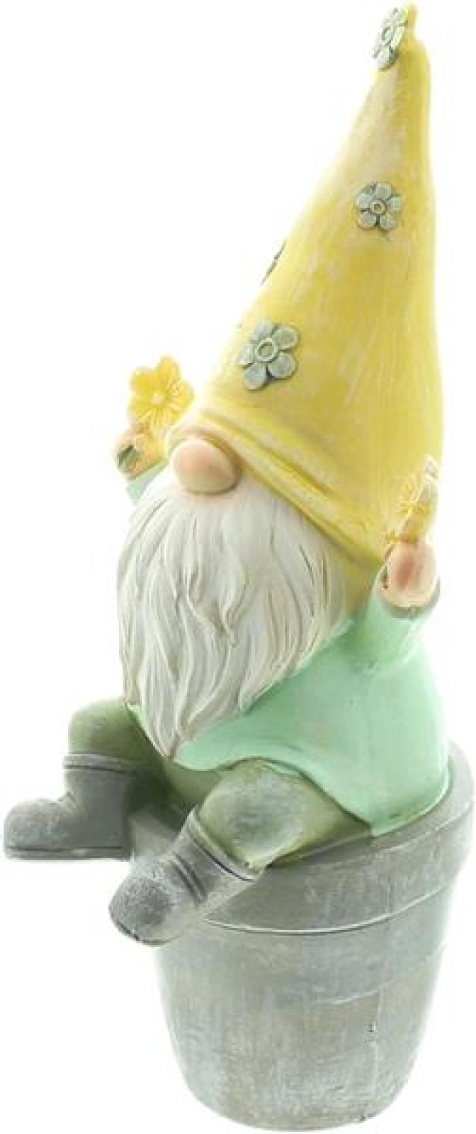 Dekofigur Wichtel "Blümchen" aus Polyresin, gelb / grün, Frühlingsdeko, Gartenzwerg, Gartendeko für Draußen