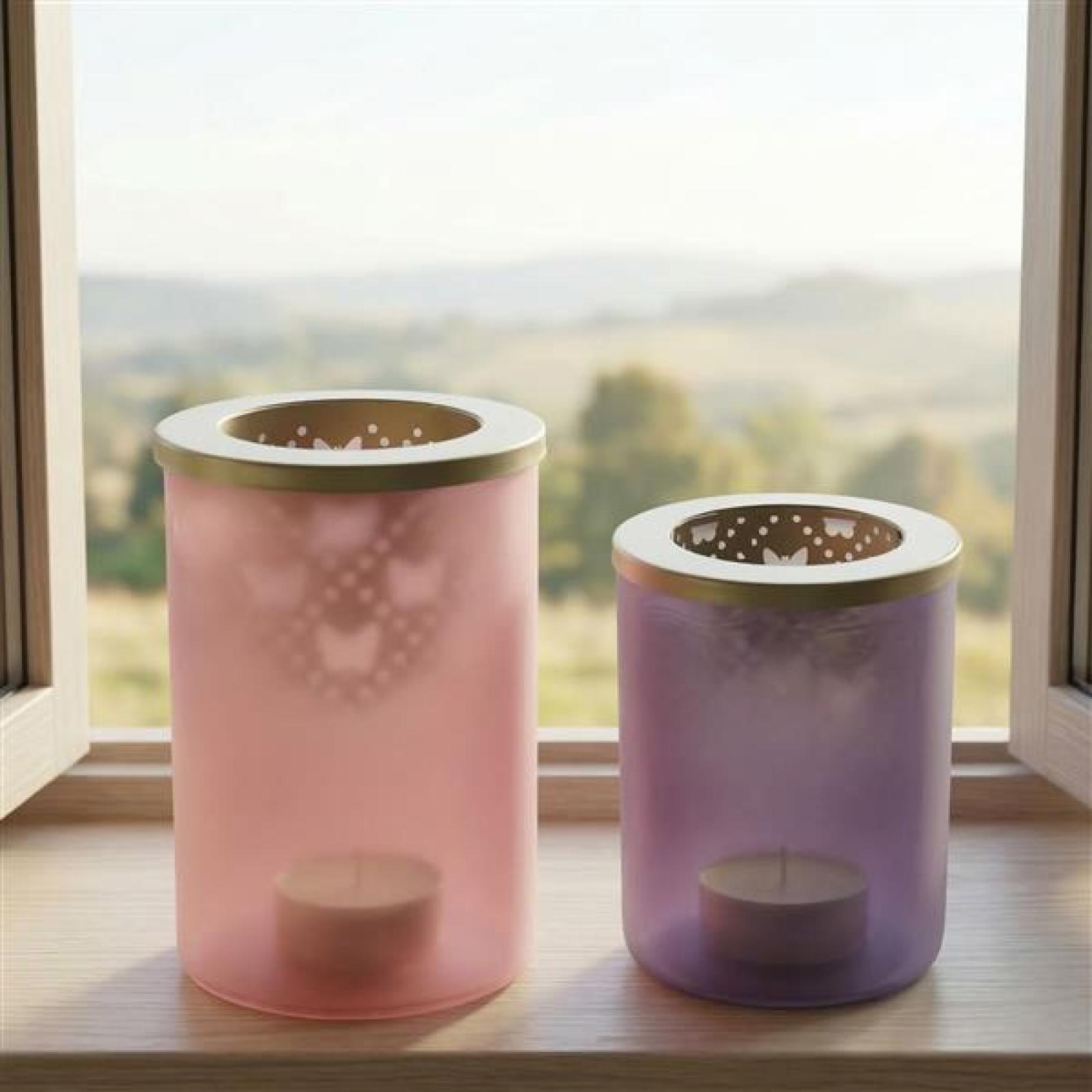 2x Teelichthalter "Schmetterling" aus Glas, Violett & Rosa, 12 + 14 cm hoch, Windlichtglas, Teelichtglas