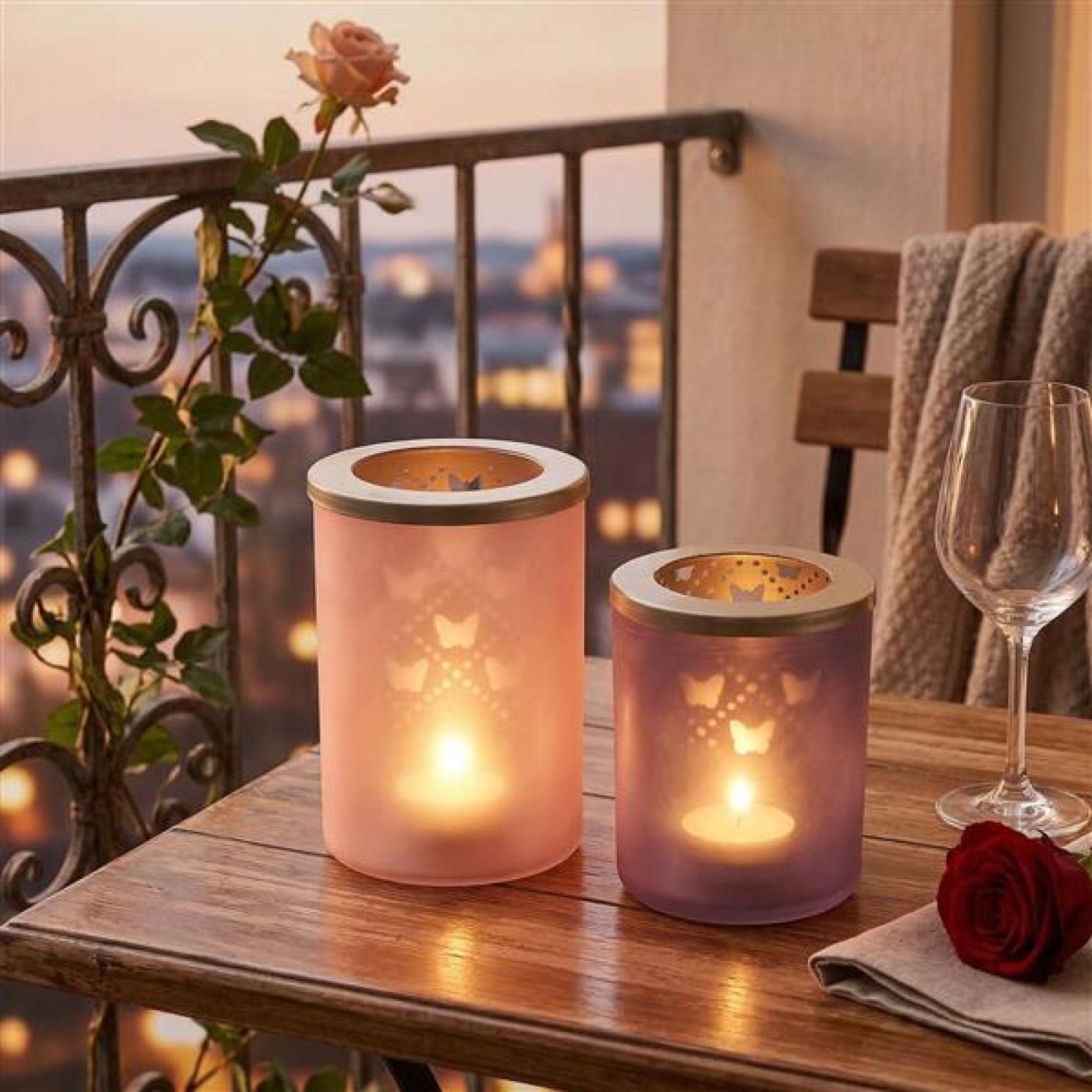 2x Teelichthalter "Schmetterling" aus Glas, Violett & Rosa, 12 + 14 cm hoch, Windlichtglas, Teelichtglas