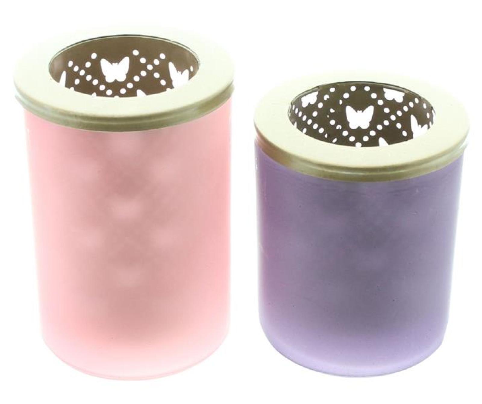 2x Teelichthalter "Schmetterling" aus Glas, Violett & Rosa, 12 + 14 cm hoch, Windlichtglas, Teelichtglas