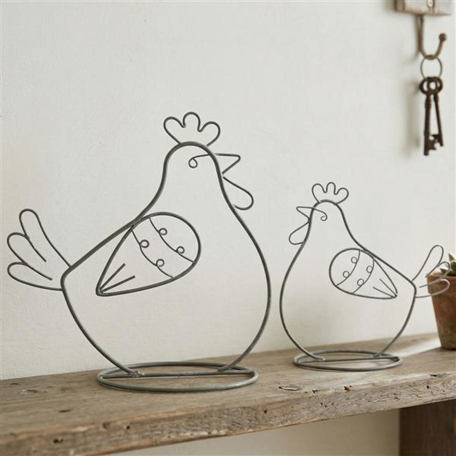 2x Dekofigur "Huhn" aus Metall, grau, 14 + 18 cm hoch, Osterdeko, Tischdeko, Dekohuhn