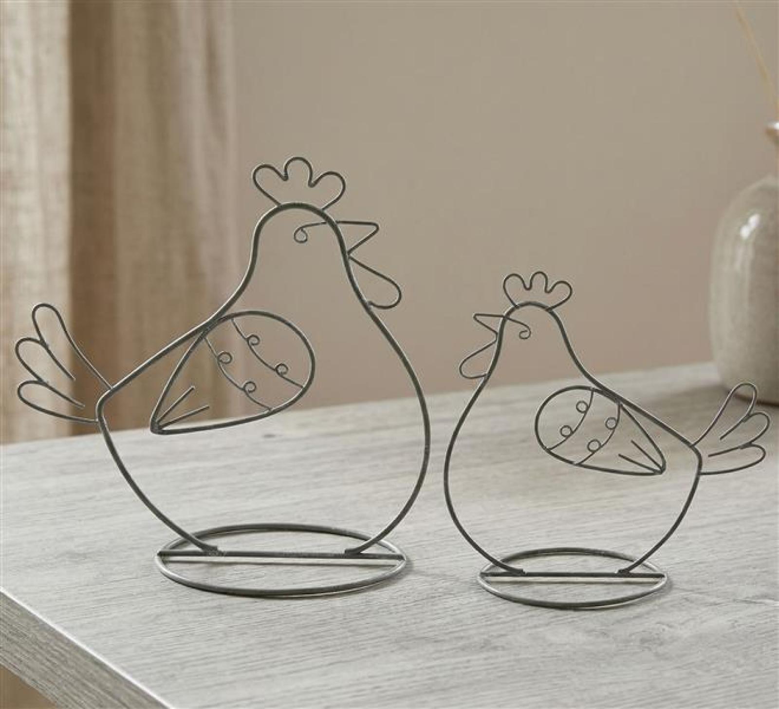 2x Dekofigur "Huhn" aus Metall, grau, 14 + 18 cm hoch, Osterdeko, Tischdeko, Dekohuhn