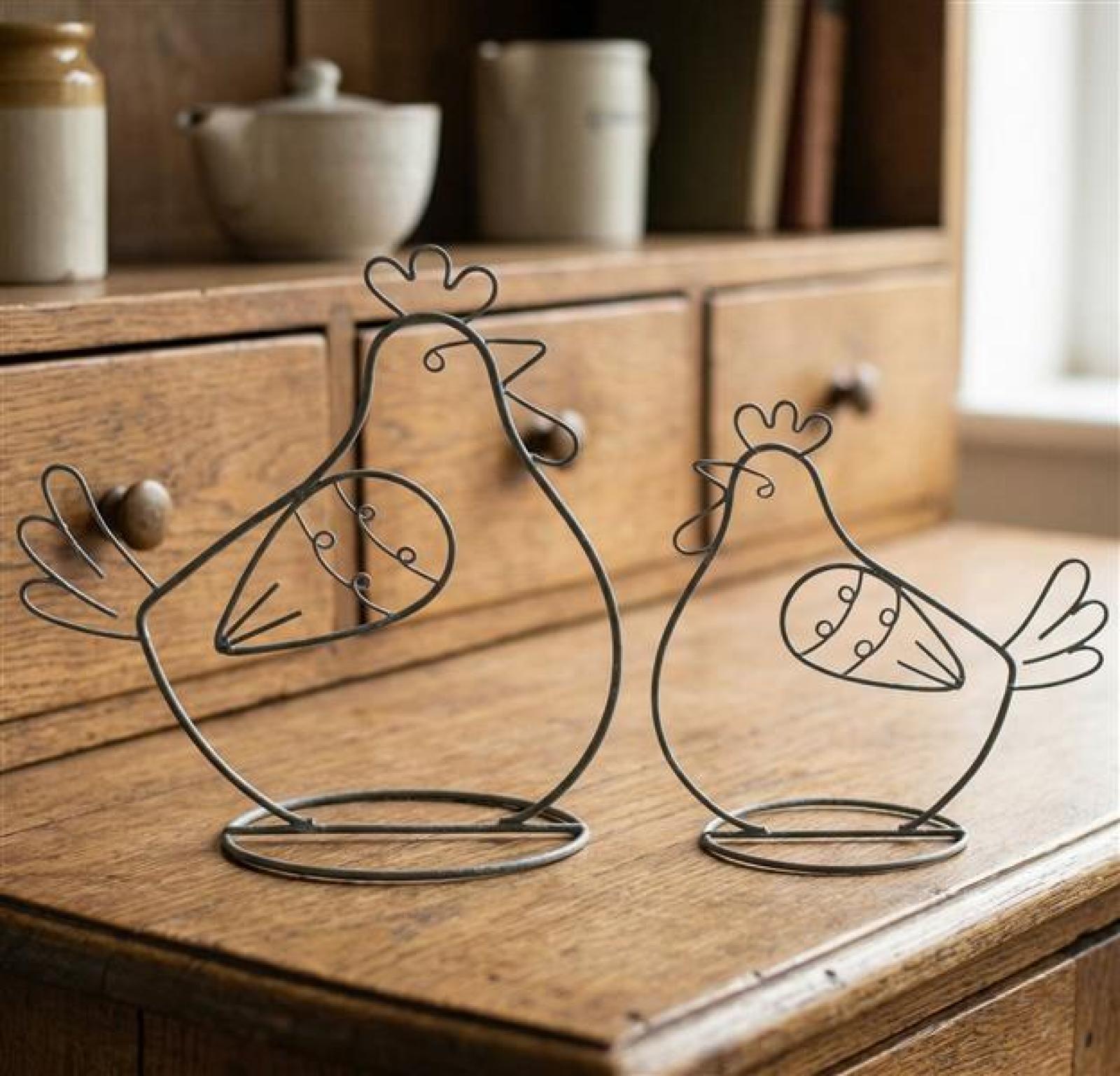 2x Dekofigur "Huhn" aus Metall, grau, 14 + 18 cm hoch, Osterdeko, Tischdeko, Dekohuhn