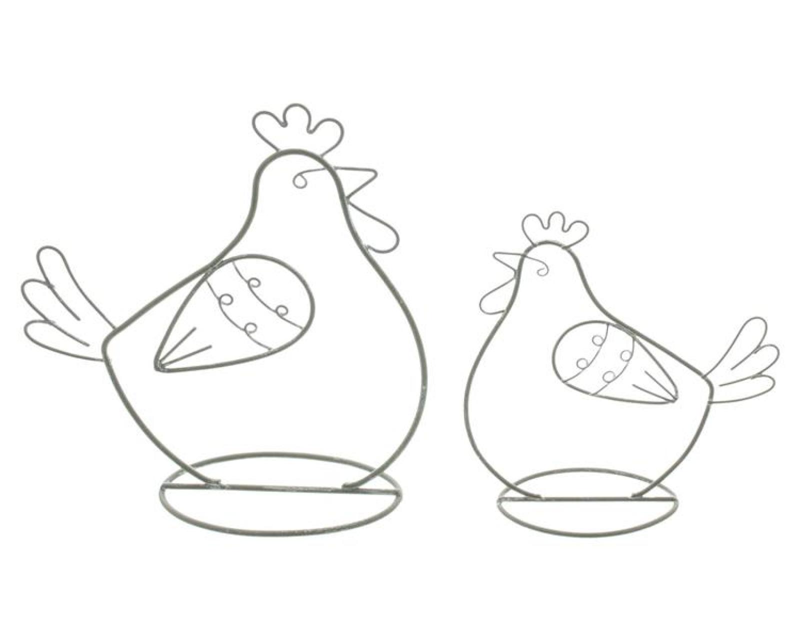 2x Dekofigur "Huhn" aus Metall, grau, 14 + 18 cm hoch, Osterdeko, Tischdeko, Dekohuhn