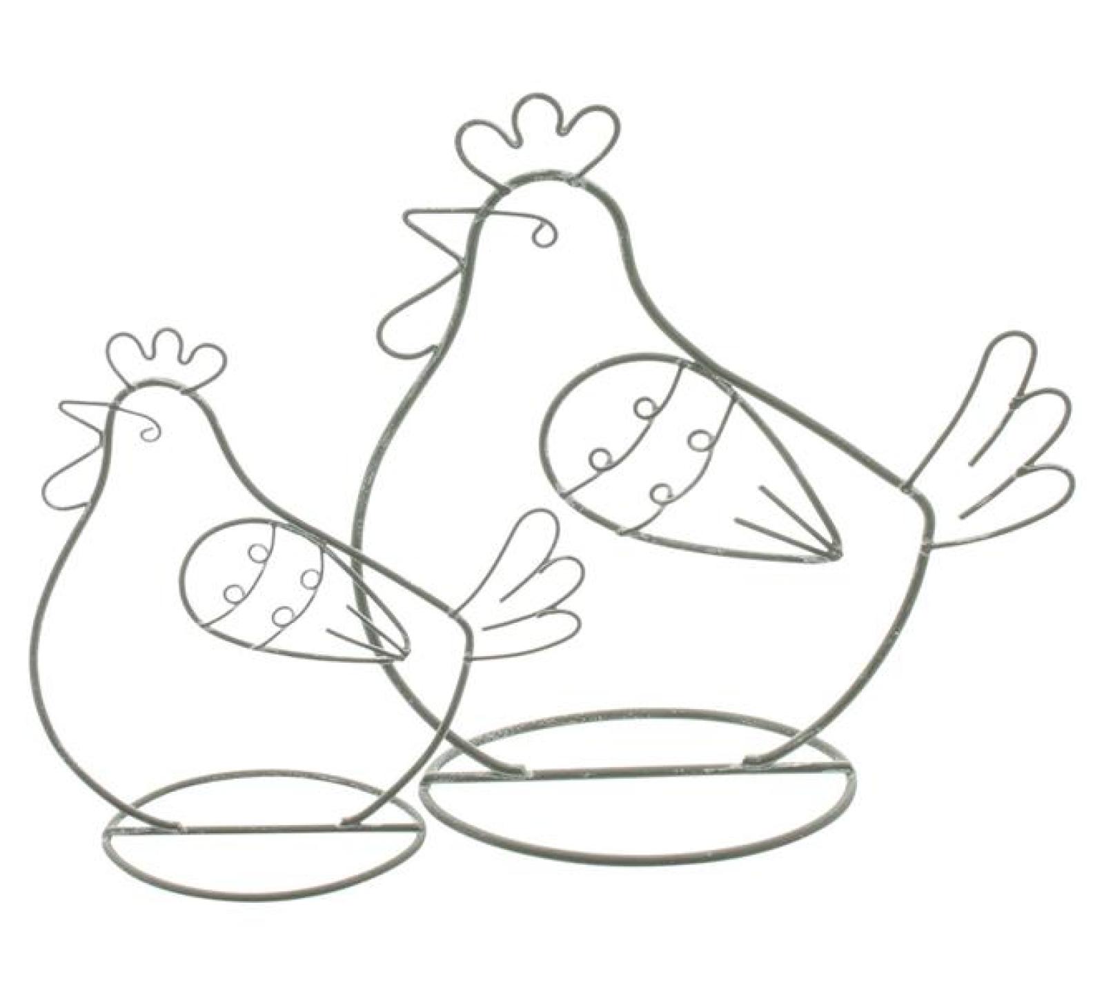 2x Dekofigur "Huhn" aus Metall, grau, 14 + 18 cm hoch, Osterdeko, Tischdeko, Dekohuhn