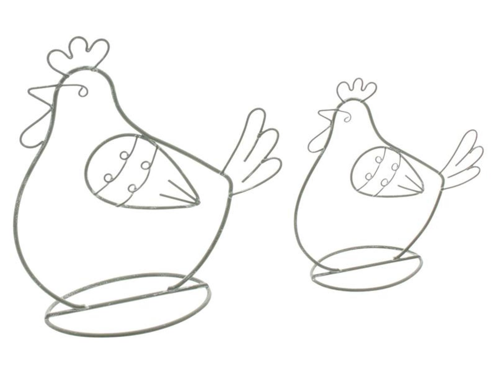 2x Dekofigur "Huhn" aus Metall, grau, 14 + 18 cm hoch, Osterdeko, Tischdeko, Dekohuhn