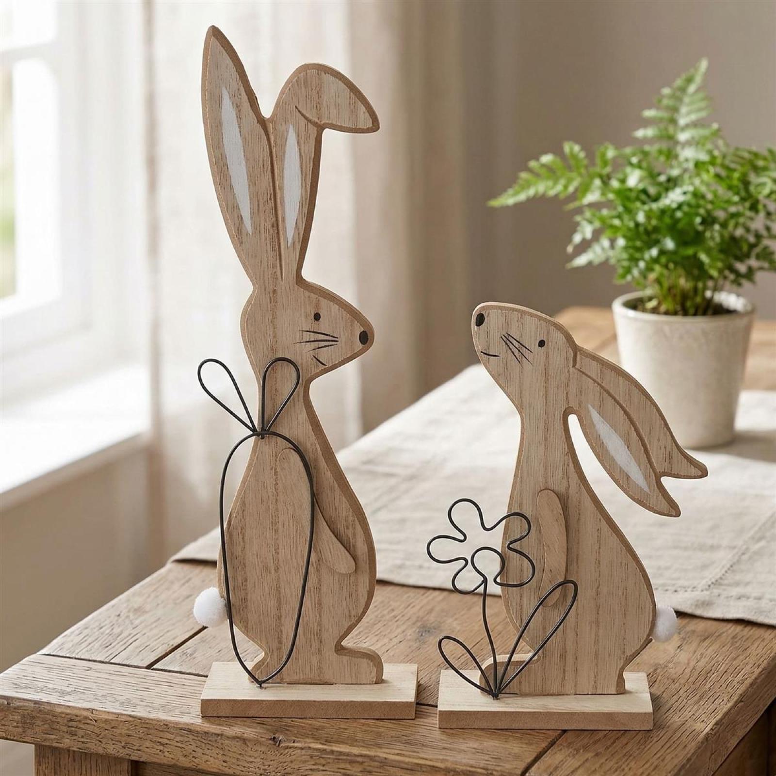 2x Dekofigur Hase "Natur" aus MDF, bemalt, mit Metall Deko schwarz, Osterdeko, Osterhase, Hasendeko