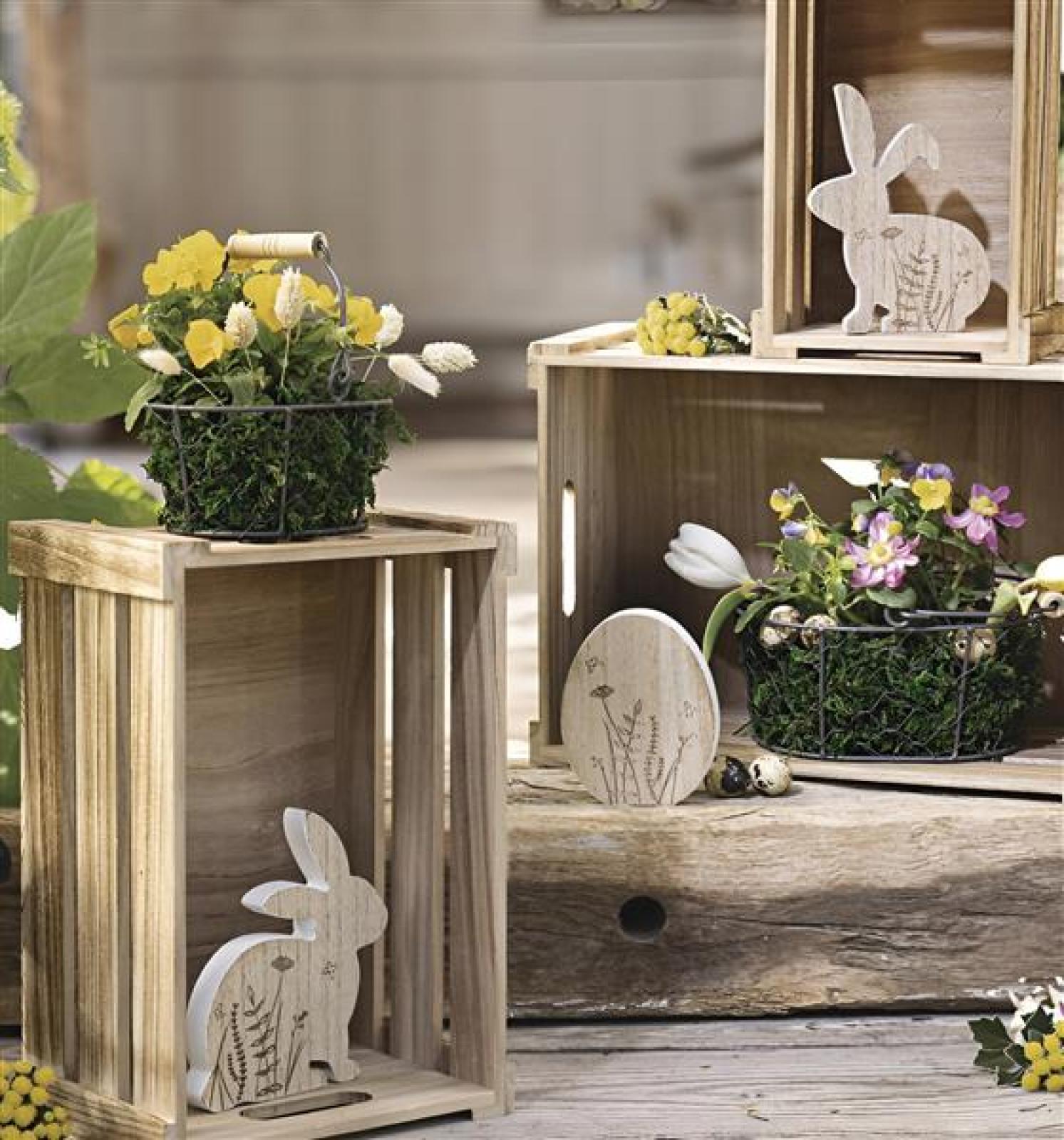 3er Set Osterdeko "Hasen & Ei" aus MDF mit Wiesen-Motiv, Dekofigur Osterhase + Osterei, Tischdeko