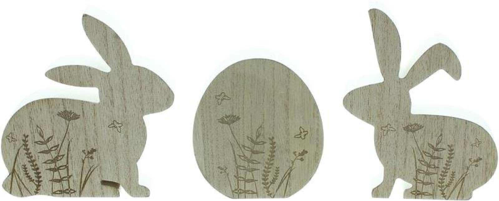3er Set Osterdeko "Hasen & Ei" aus MDF mit Wiesen-Motiv, Dekofigur Osterhase + Osterei, Tischdeko