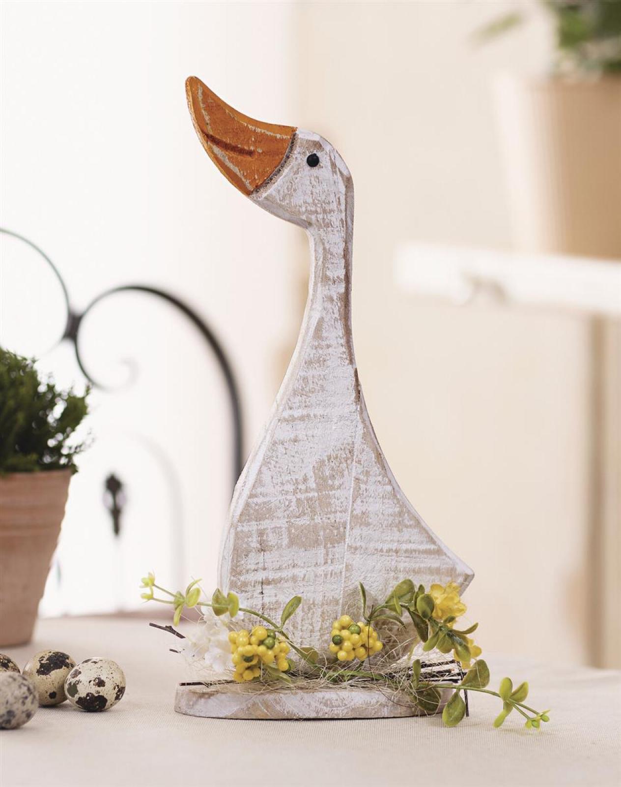 Dekofigur "Frühlingsgans" aus Holz, weiß im Shabby Look, 29 cm hoch, Frühlingsdeko, Osterdeko, Holzdeko Gans