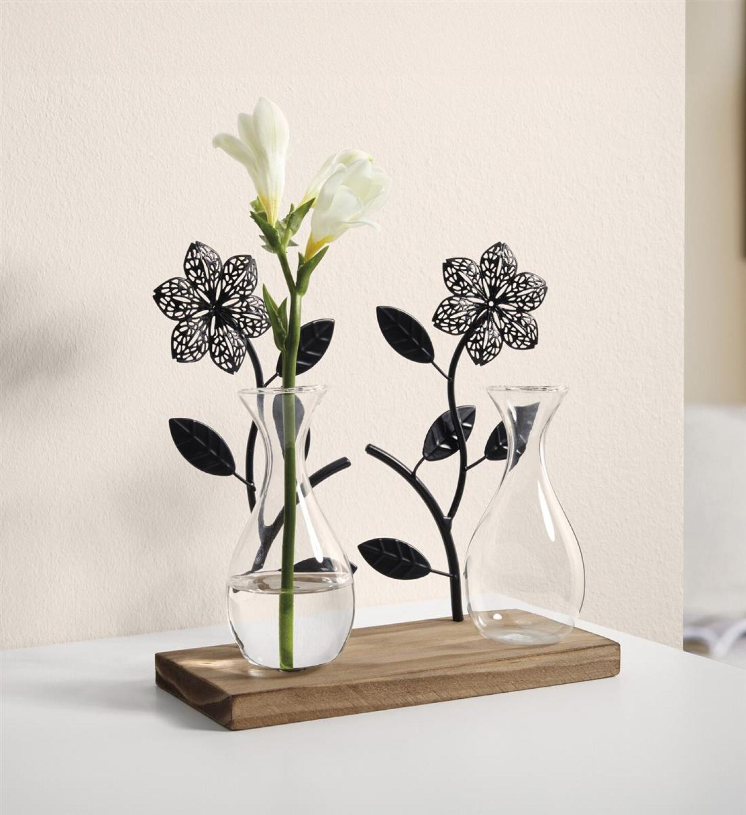 Board "Flowers" aus Holz, 2 Metall Blumen in schwarz & 2 Vasen aus Glas, Dekoboard, Vasenhalter, Blumenvase