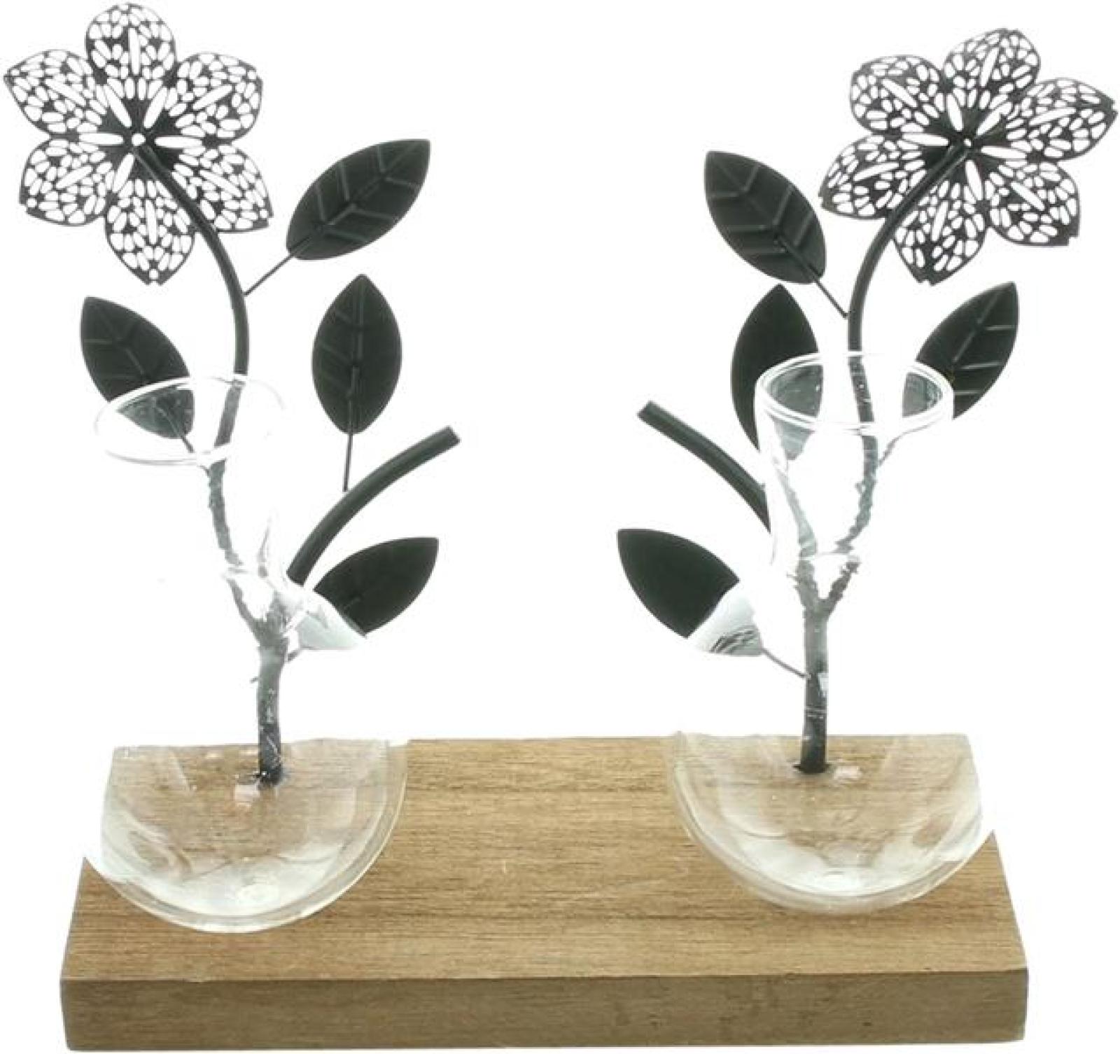 Board "Flowers" aus Holz, 2 Metall Blumen in schwarz & 2 Vasen aus Glas, Dekoboard, Vasenhalter, Blumenvase