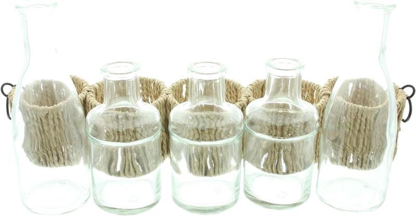 Vasenset "Flaschen" Vasenhalter aus Papierschnur mit 5 Glasvasen in Flaschenform, Tischdeko, Blumenvase, Tischvase