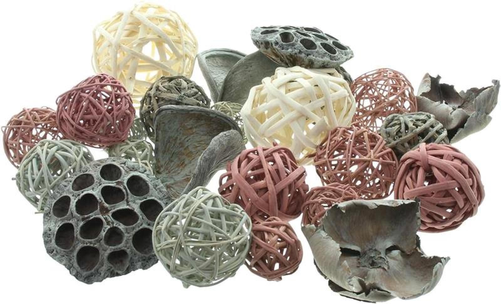 Dekoset "Colorful Nature" aus Rattan Kugeln und Fruchthülsen, gefärbt, Ø 4-10 cm, Kugelset, Naturdeko, Tischdeko, Vasenfüller
