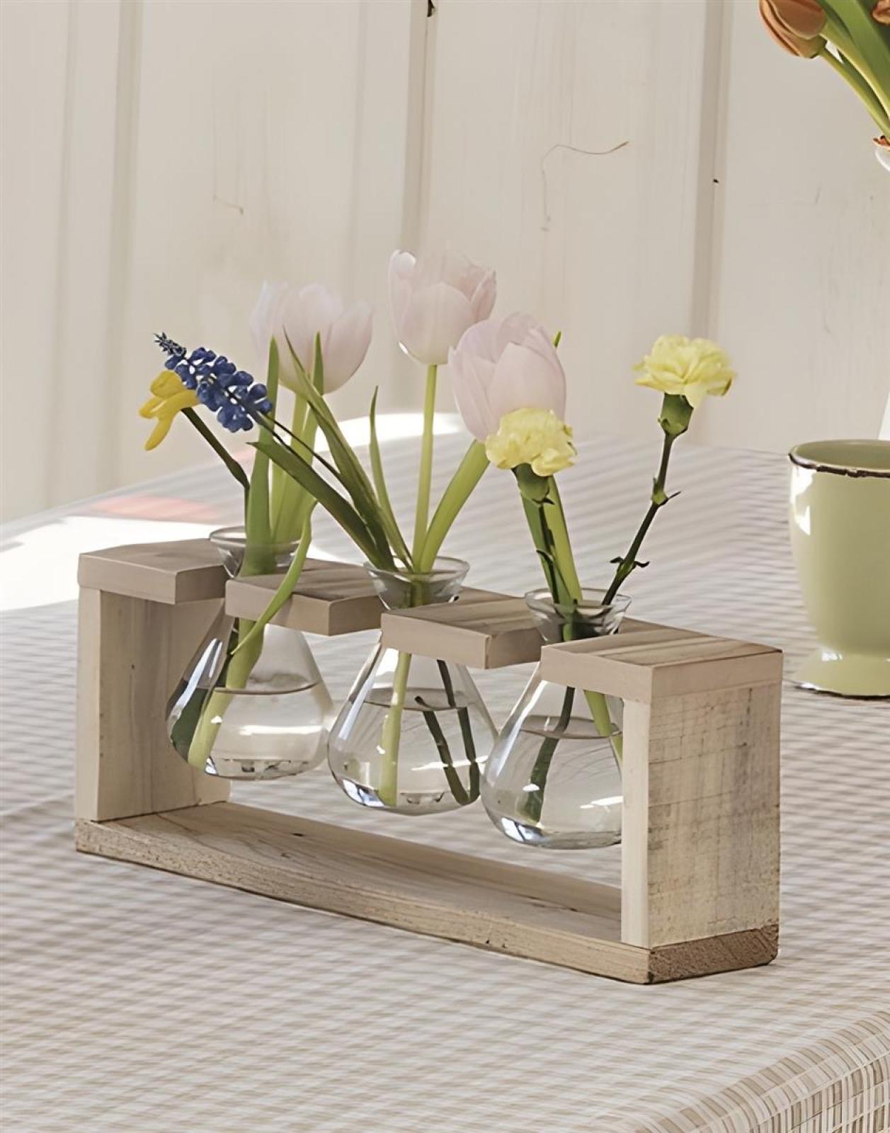 Vasenhalter "Wood" aus recyceltem Holz mit 3 Glasvasen, Tischdeko, Vasenständer mit kleinen Blumenvasen