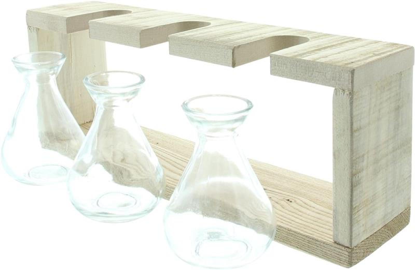 Vasenhalter "Wood" aus recyceltem Holz mit 3 Glasvasen, Tischdeko, Vasenständer mit kleinen Blumenvasen