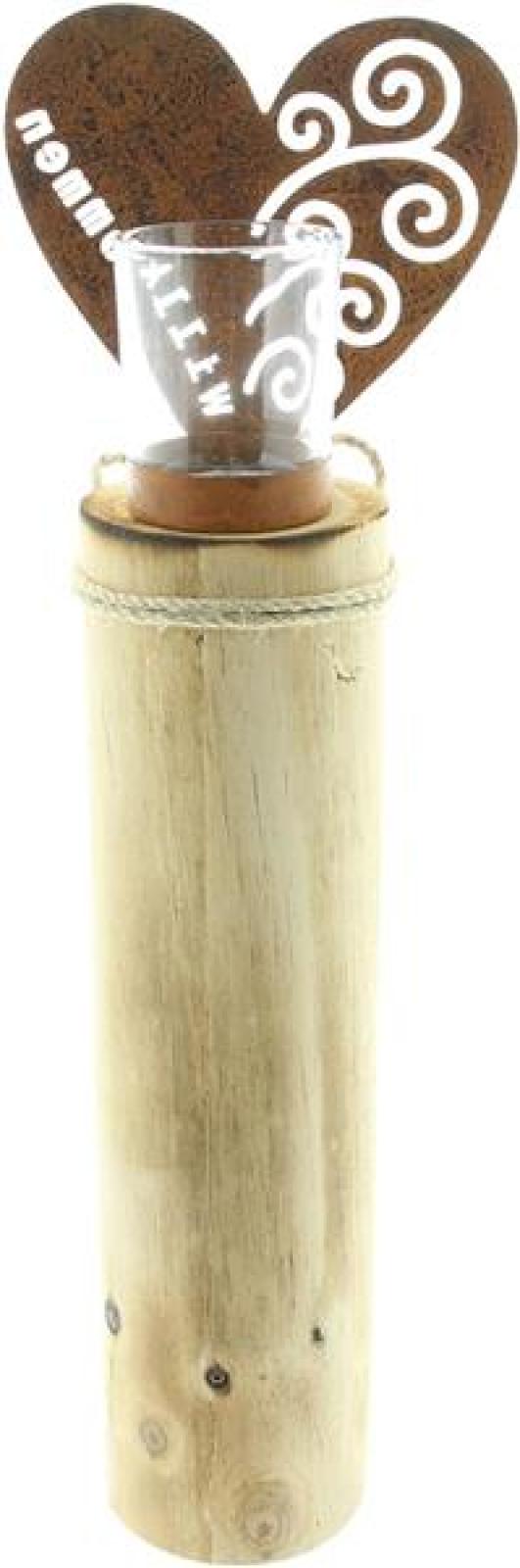 Windlichtsäule "Herz" aus Holz & Metall mit Echt Rost, 44 cm hoch, Holzsäule, Dekosäule mit Kerzenglas, Bodenwindlicht, Kerzensäule