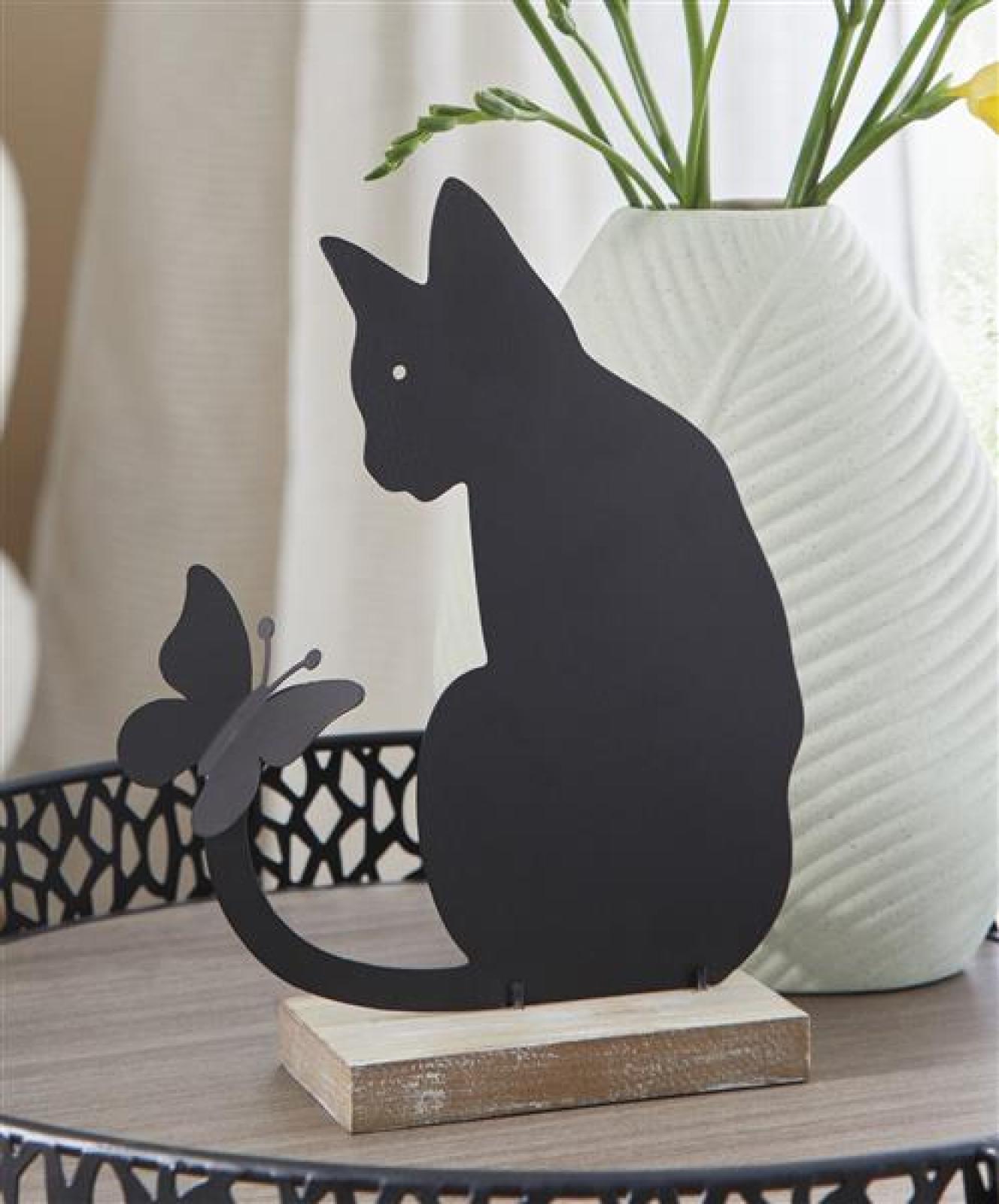 Dekofigur "Katze mit Schmetterling" aus Metall, matt schwarz, 21 cm hoch, Metallfigur, Metalldeko