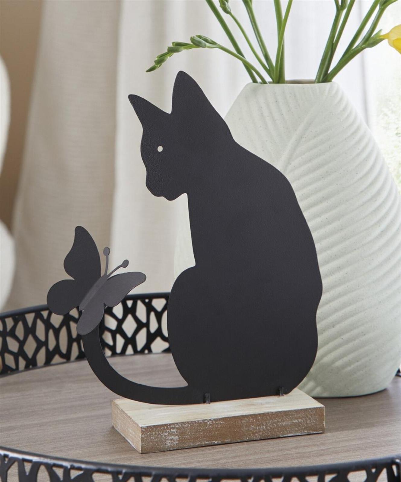 Dekofigur "Katze mit Schmetterling" aus Metall, matt schwarz, 21 cm hoch, Metallfigur, Metalldeko