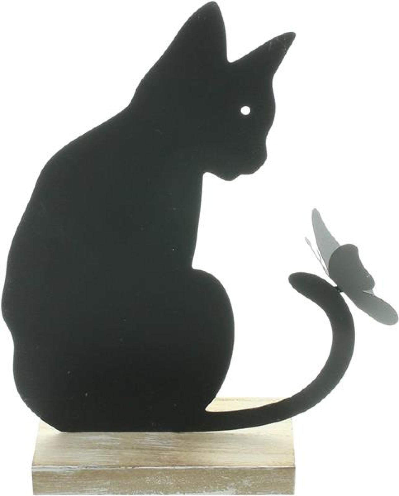 Dekofigur "Katze mit Schmetterling" aus Metall, matt schwarz, 21 cm hoch, Metallfigur, Metalldeko