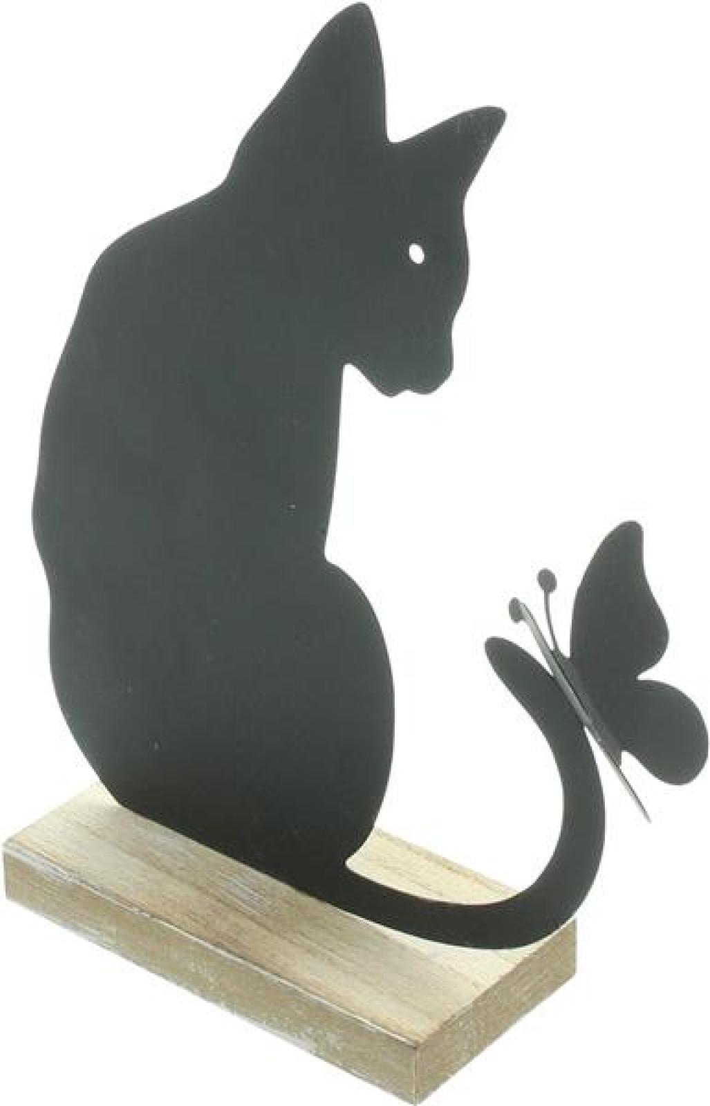 Dekofigur "Katze mit Schmetterling" aus Metall, matt schwarz, 21 cm hoch, Metallfigur, Metalldeko