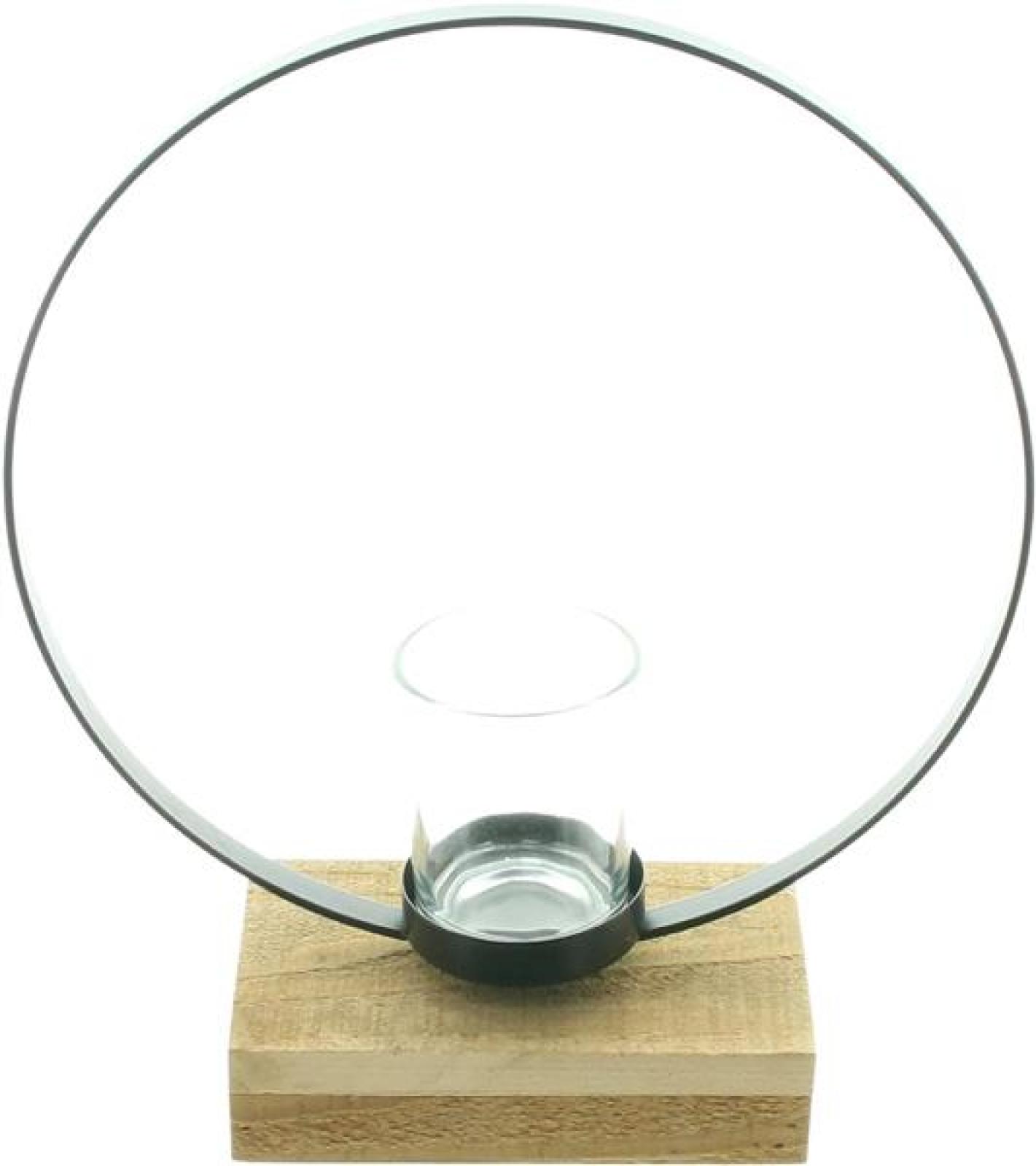 Windlicht "Ring" aus Metall, schwarz, mit Sockel aus recyceltem Holz, 1 Teelichtglas, Teelichthalter, Windlichtglas