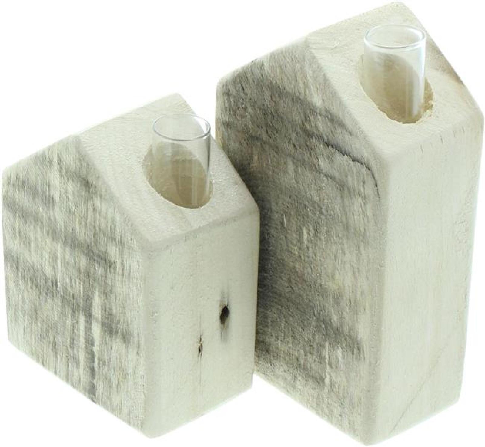 2x Vase "Häuschen" aus Holz, geflammt, mit Reagenzglas für einzelne Blumen, Blumenvase, Reagenzglasständer