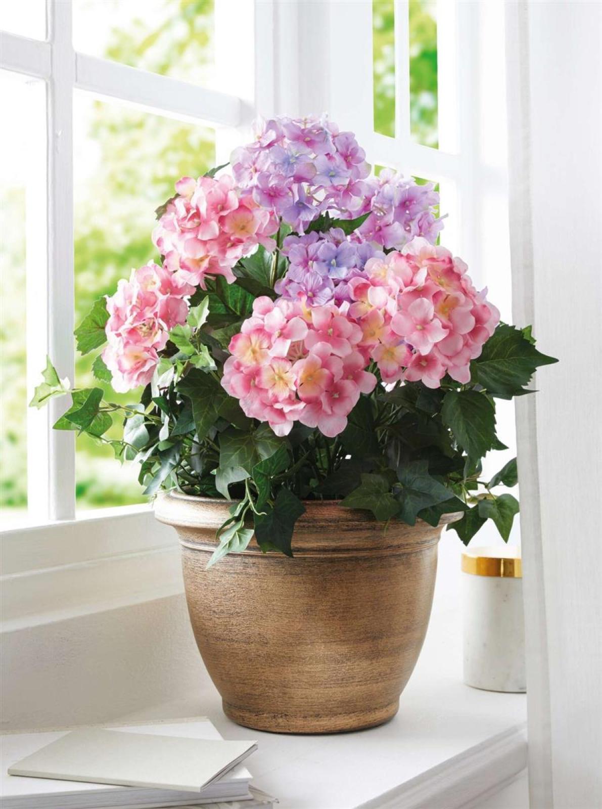 Kunstpflanze "Hortensie" im goldenen Topf, 55 cm hoch, künstliche Hortensien, Dekopflanze, Topfpflanze