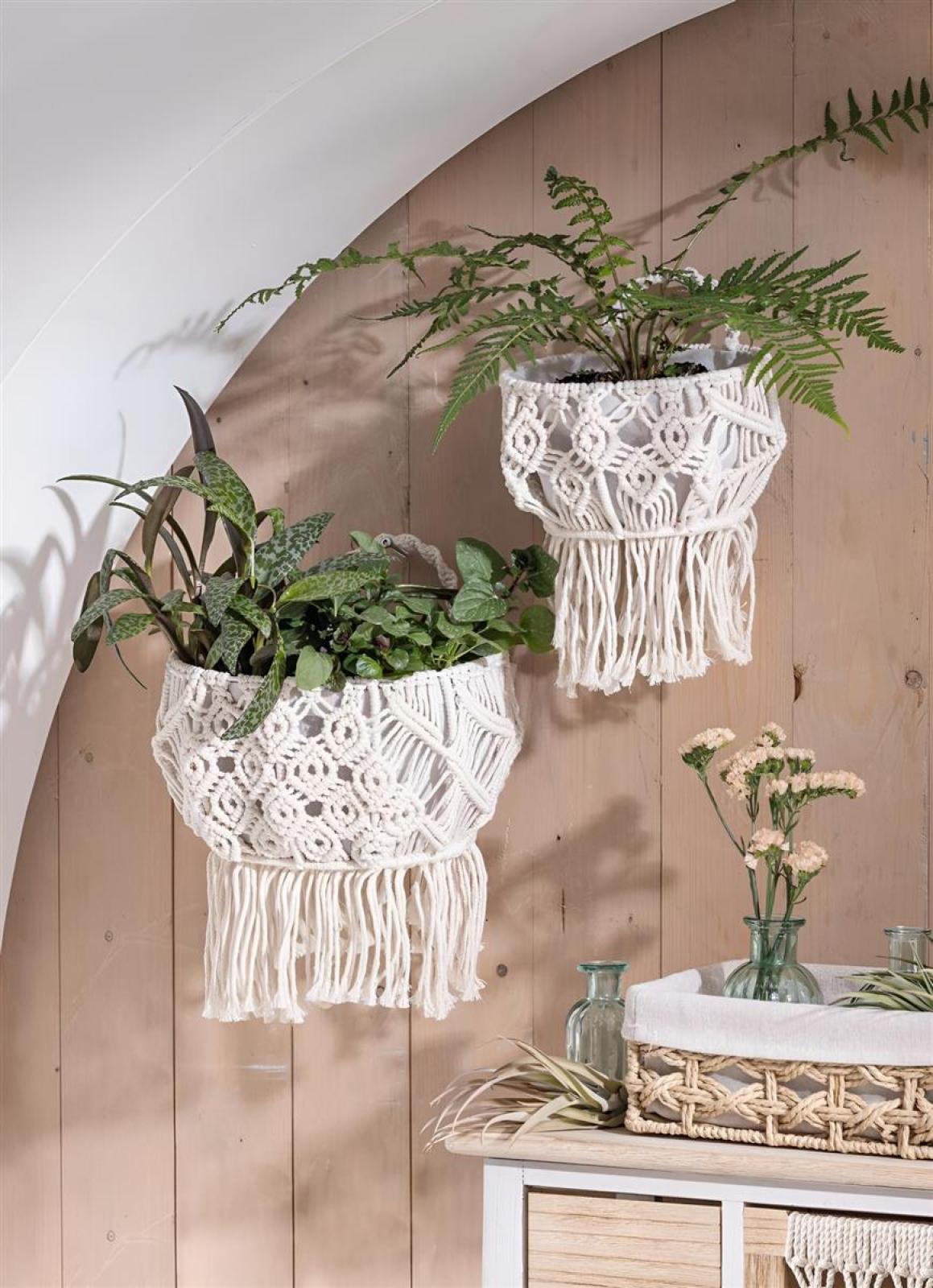 2x Wandkorb "Makramee" aus Baumwolle & Canvas, beige, Wandpflanzer, Hängekorb im Boho Chic, Flechtkorb, Aufbewahrungskorb