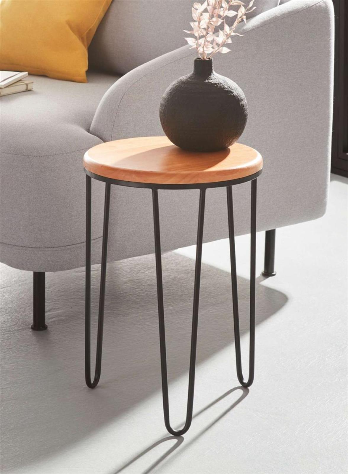 Beistelltisch "Retro" aus Metall, schwarz & Tischplatte aus Holz, Ø 33x46 cm, Wohnzimmertisch, Pflanzentisch, Blumentisch