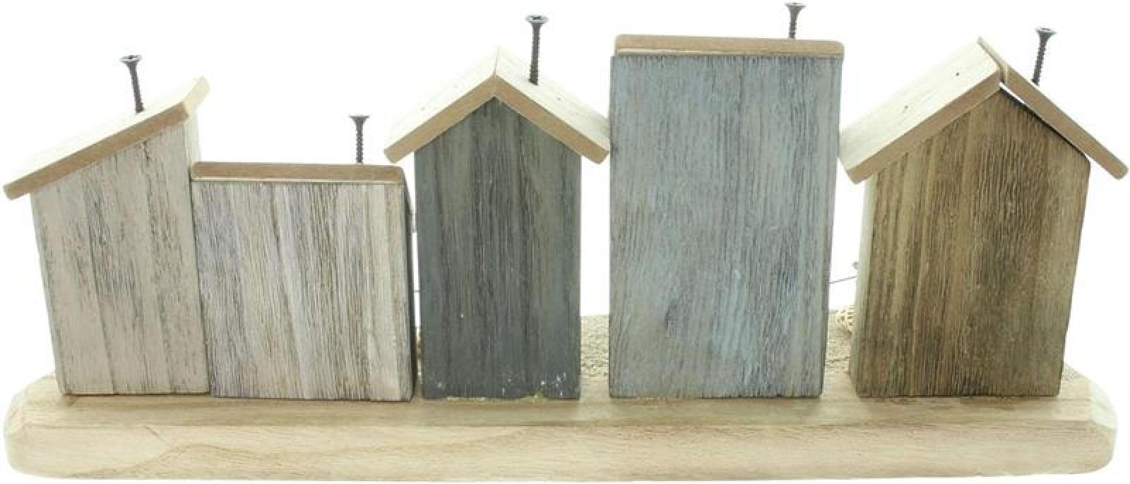Dekoobjekt "Strandpromenade" aus Holz, Häuser mit Muscheln, Steinen und Sand, maritme Sommerdeko, Holzdeko