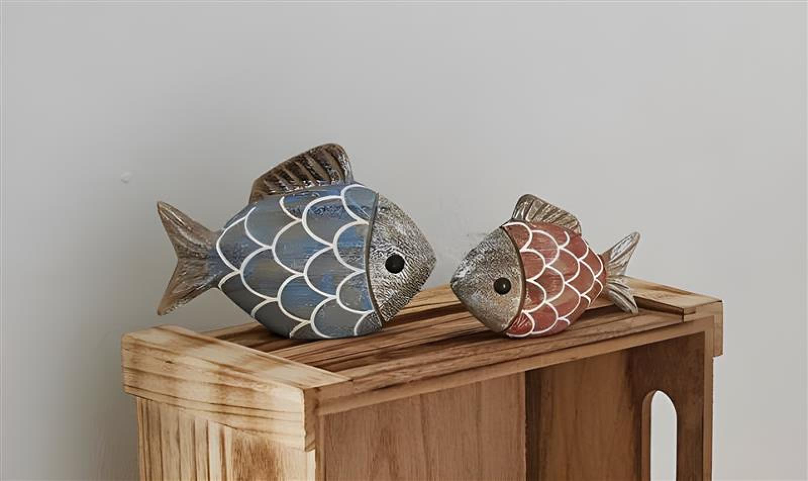 2x Dekofigur "Fisch" aus Holz, maritime Deko, bunt, 7 + 9 cm hoch, Dekofische, Figur, Fischfigur