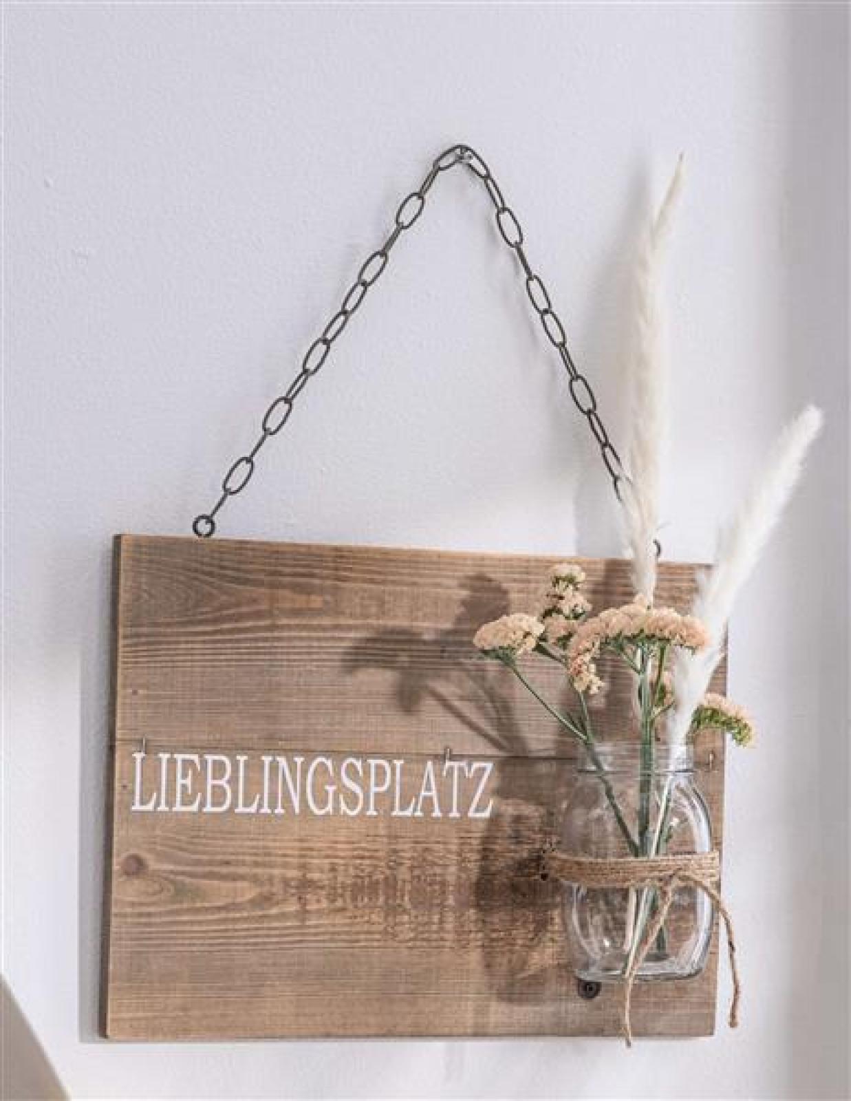 Schild "Lieblingsplatz" aus recyceltem Holz mit Glasvase, Wanddeko mit Schriftzug, Wandschmuck, Wandbild