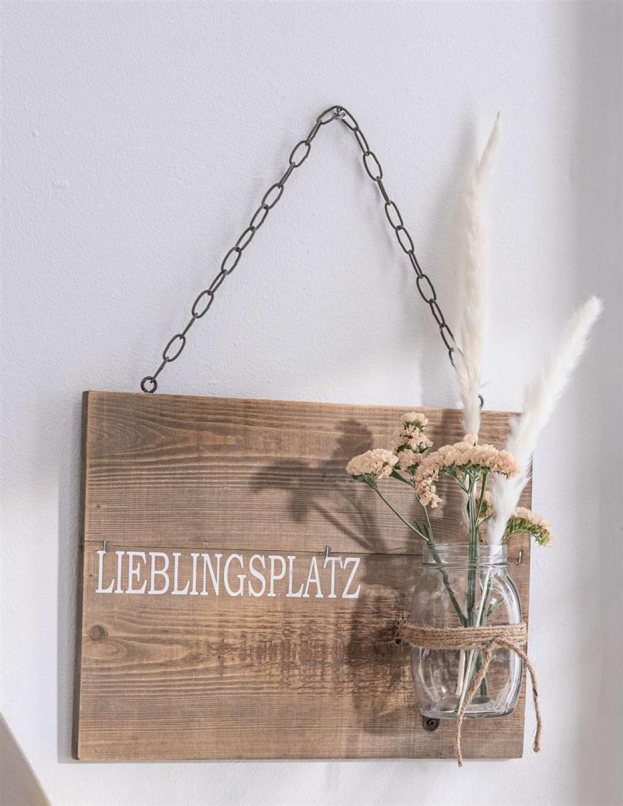 Schild "Lieblingsplatz" aus recyceltem Holz mit Glasvase, Wanddeko mit Schriftzug, Wandschmuck, Wandbild