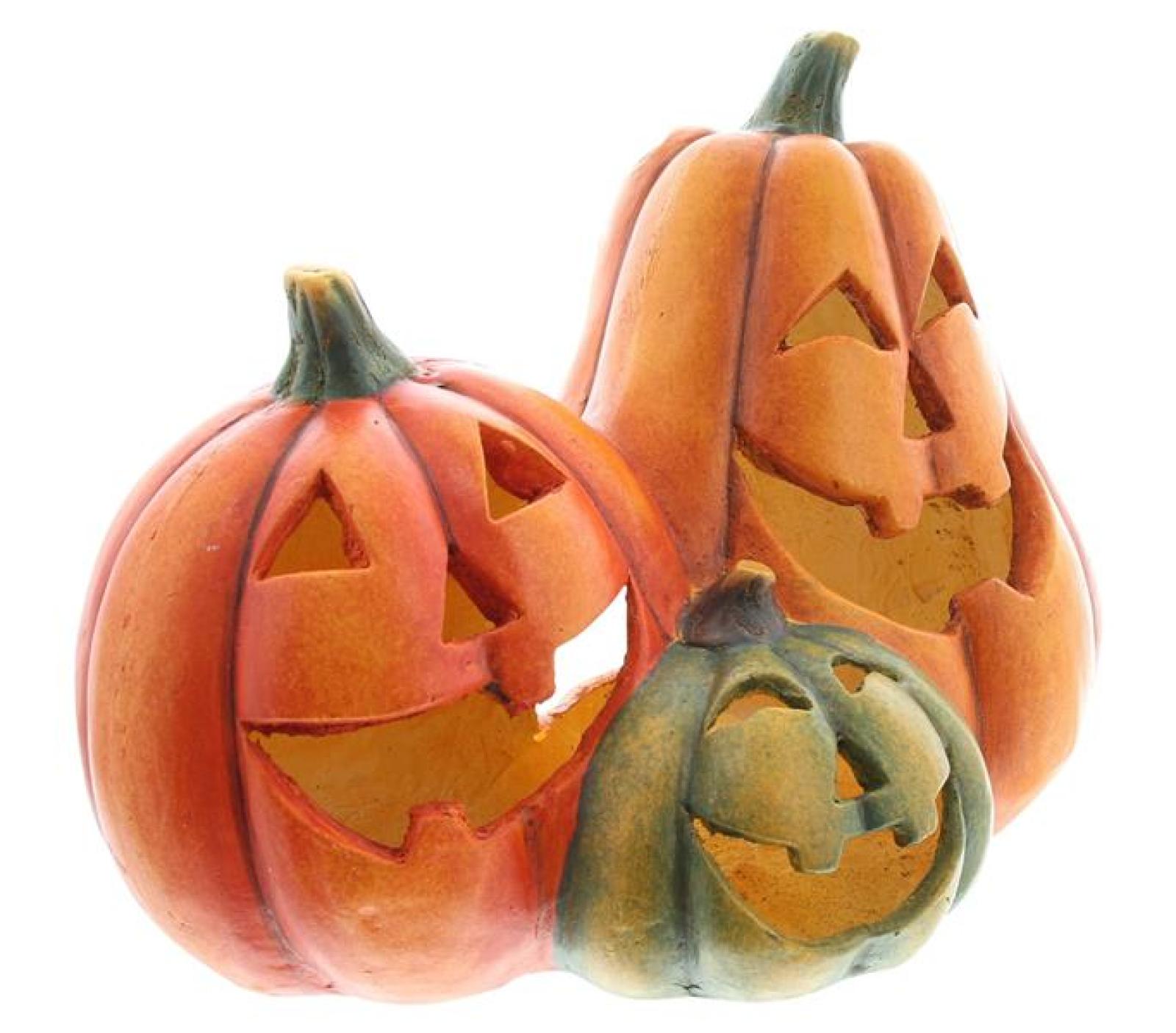 Dekofigur Kürbistrio "Smile" 35 cm breit, Herbstdeko, Windlicht, Halloweendeko, Gartendeko für Draußen