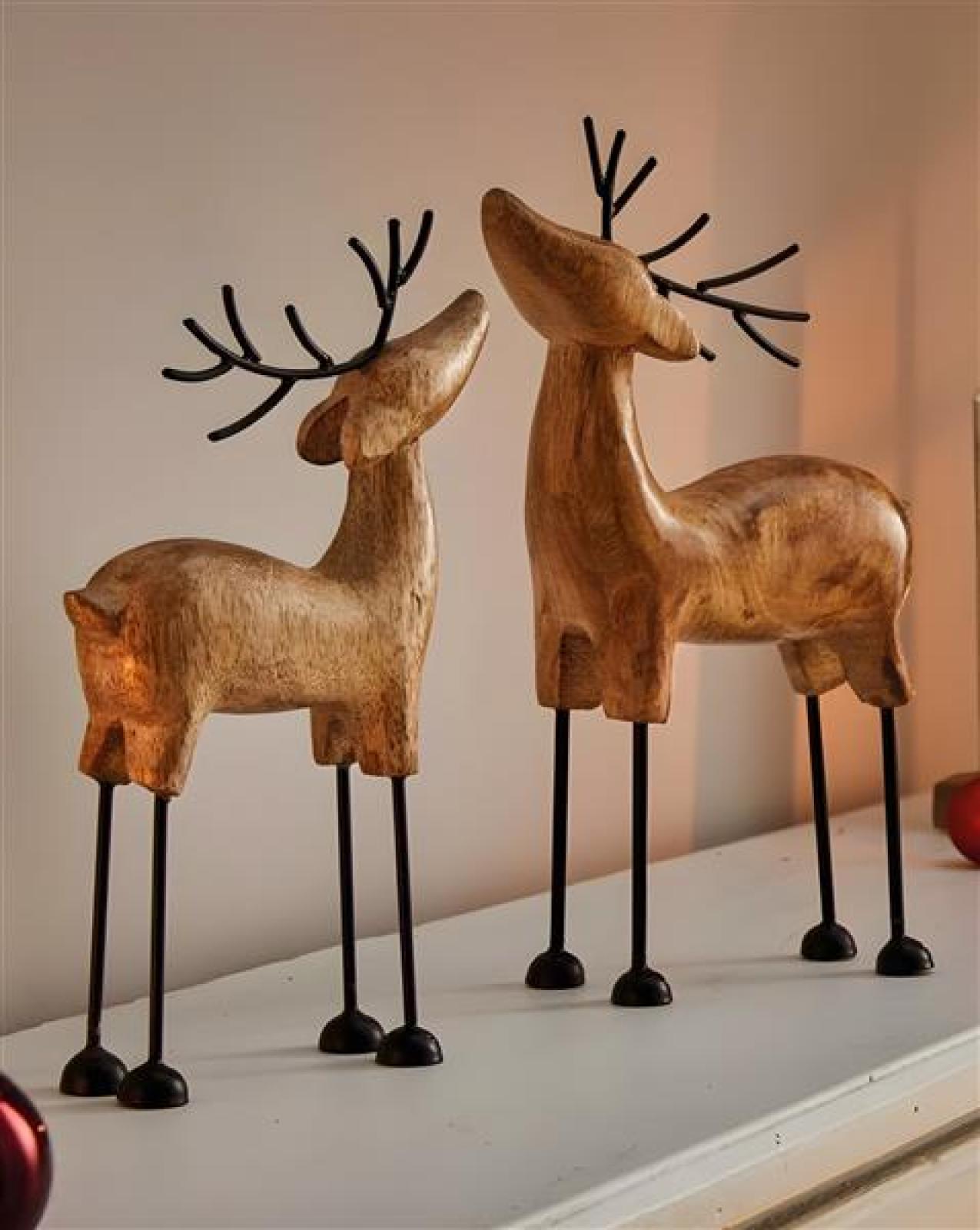 2x Dekofigur "Rentier" aus Mango Holz & Metall, Winterdeko, Weihnachtsdeko