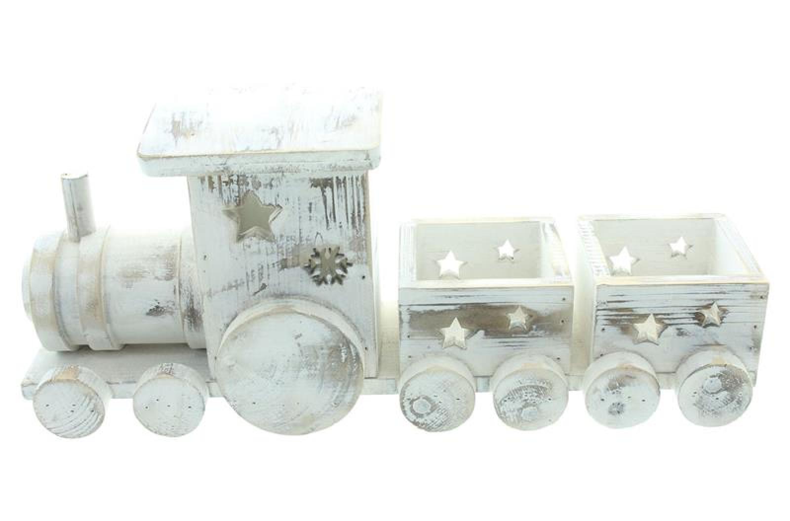 Weihnachtszug "Shabby White" aus Holz, 40 cm lang, Dekozug Lok mit 2 Anhängern, Dekofigur, Weihnachtsdeko