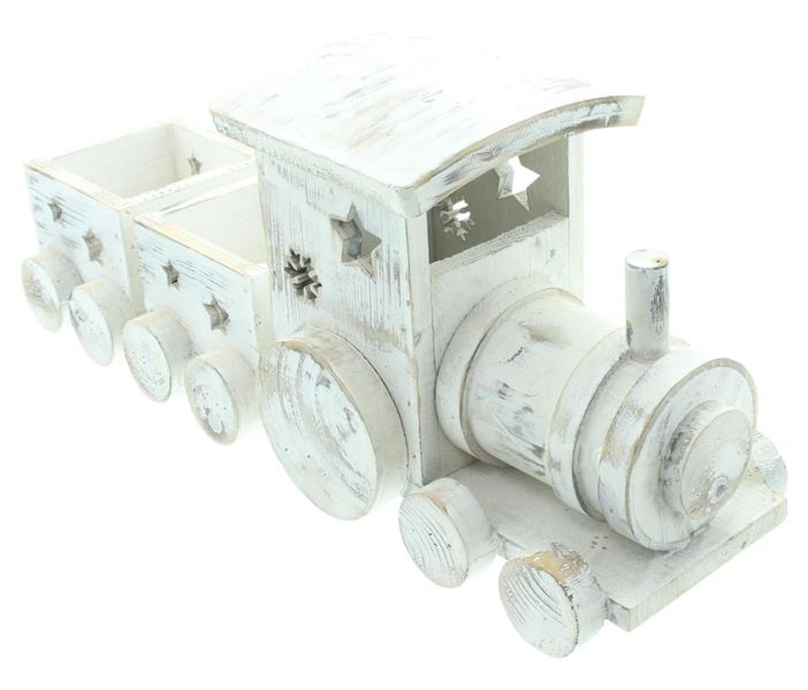 Weihnachtszug "Shabby White" aus Holz, 40 cm lang, Dekozug Lok mit 2 Anhängern, Dekofigur, Weihnachtsdeko