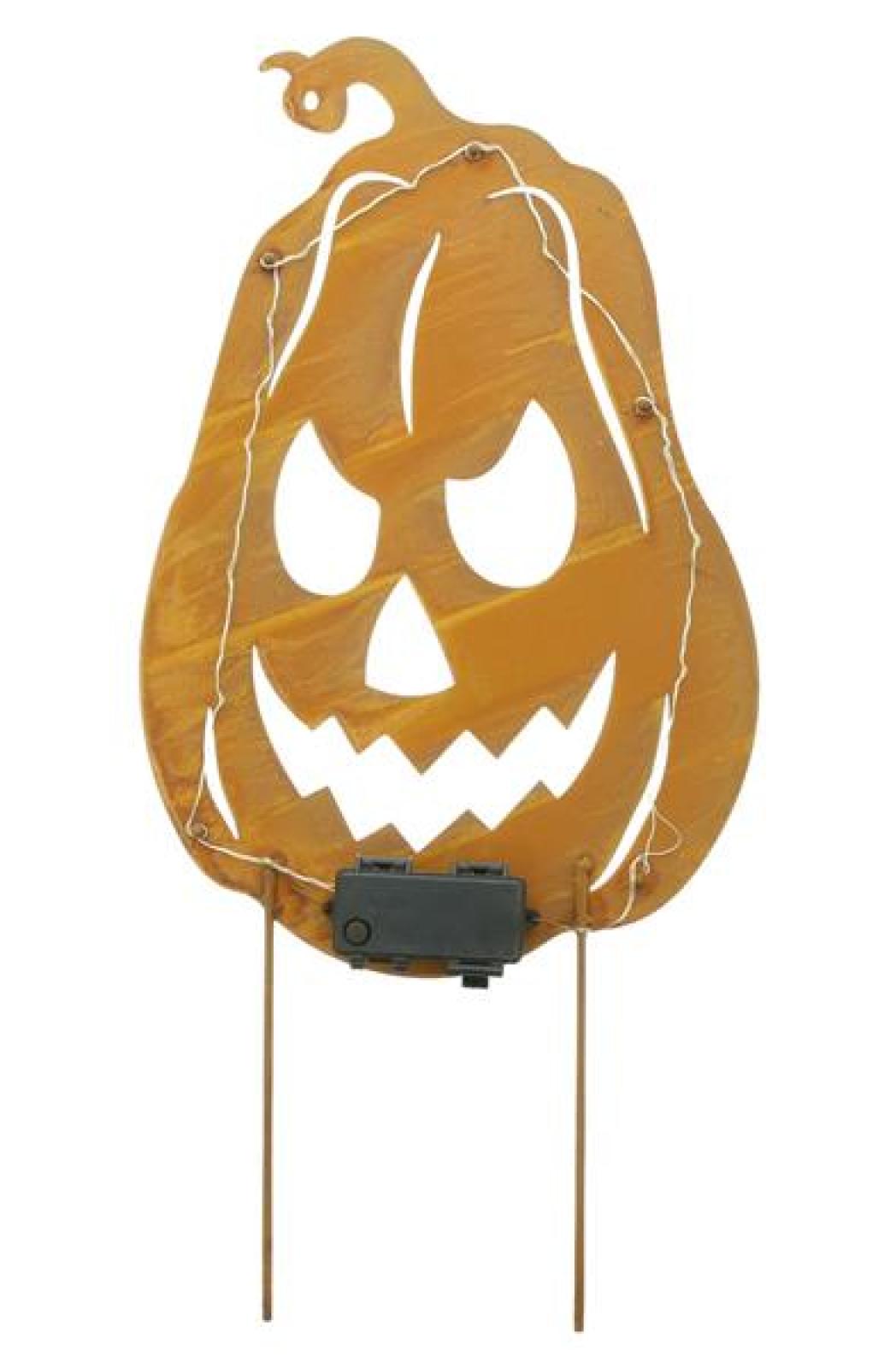 Gartenstecker "Kürbis" aus Metall, Echt Rost, mit LED Beleuchtung, 55 cm hoch, Roststecker, Halloweendeko