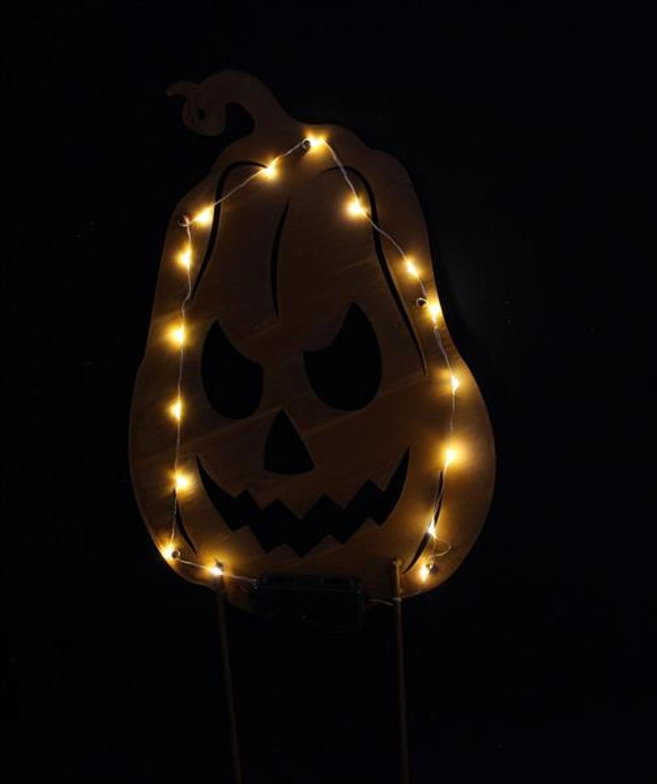 Gartenstecker "Kürbis" aus Metall, Echt Rost, mit LED Beleuchtung, 55 cm hoch, Roststecker, Halloweendeko