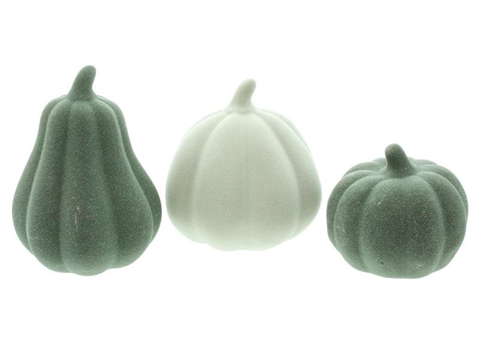 3x Kürbis "Terracotta" in grün & weiß, Dekokürbis, Herbstdeko, Halloweendeko, Dekofigur