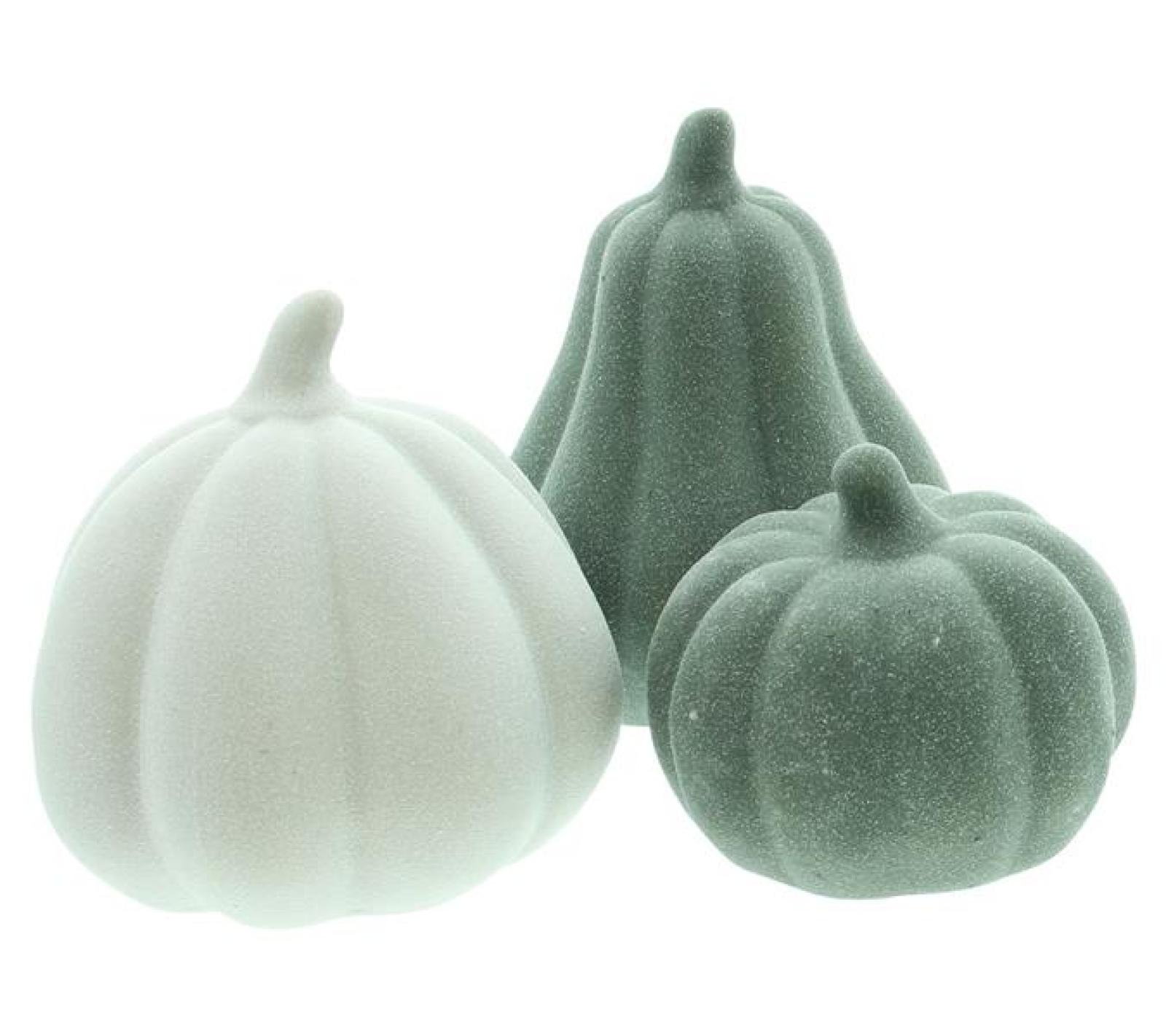 3x Kürbis "Terracotta" in grün & weiß, Dekokürbis, Herbstdeko, Halloweendeko, Dekofigur