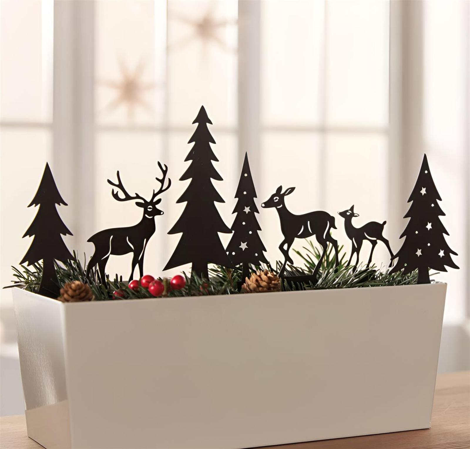 7 Dekostecker "Hirschfamilie" aus Metall, schwarz, Stecker für Adventskranz, Gesteck & Blumentopf, Blumenstecker, Metallstecker